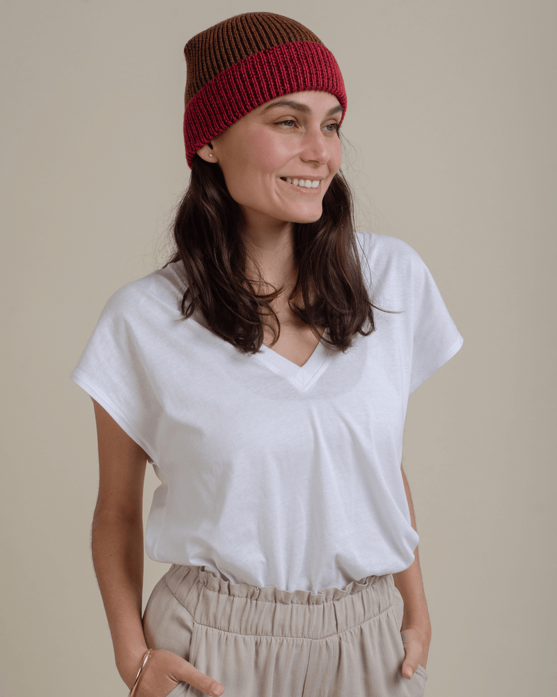 Peruvian Nuna Hats Brown-Burgundy Challwa Rolled Beanie